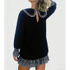 Women's fashionable black and white striped color-blocked dress with Peter Pan collar and open back