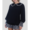 Women's fashionable black and white striped color-blocked dress with Peter Pan collar and open back