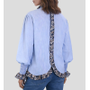 Women's fashionable leopard print lace-trimmed sleeves casual blue and white striped shirt