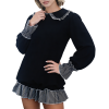 Women's fashionable black and white striped color-blocked dress with Peter Pan collar and open back