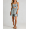 Women's fashionable V-neck cutout waist gathered back halter neck dress