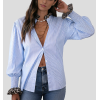 Women's fashionable leopard print lace-trimmed sleeves casual blue and white striped shirt