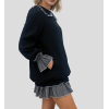 Women's fashionable black and white striped color-blocked dress with Peter Pan collar and open back
